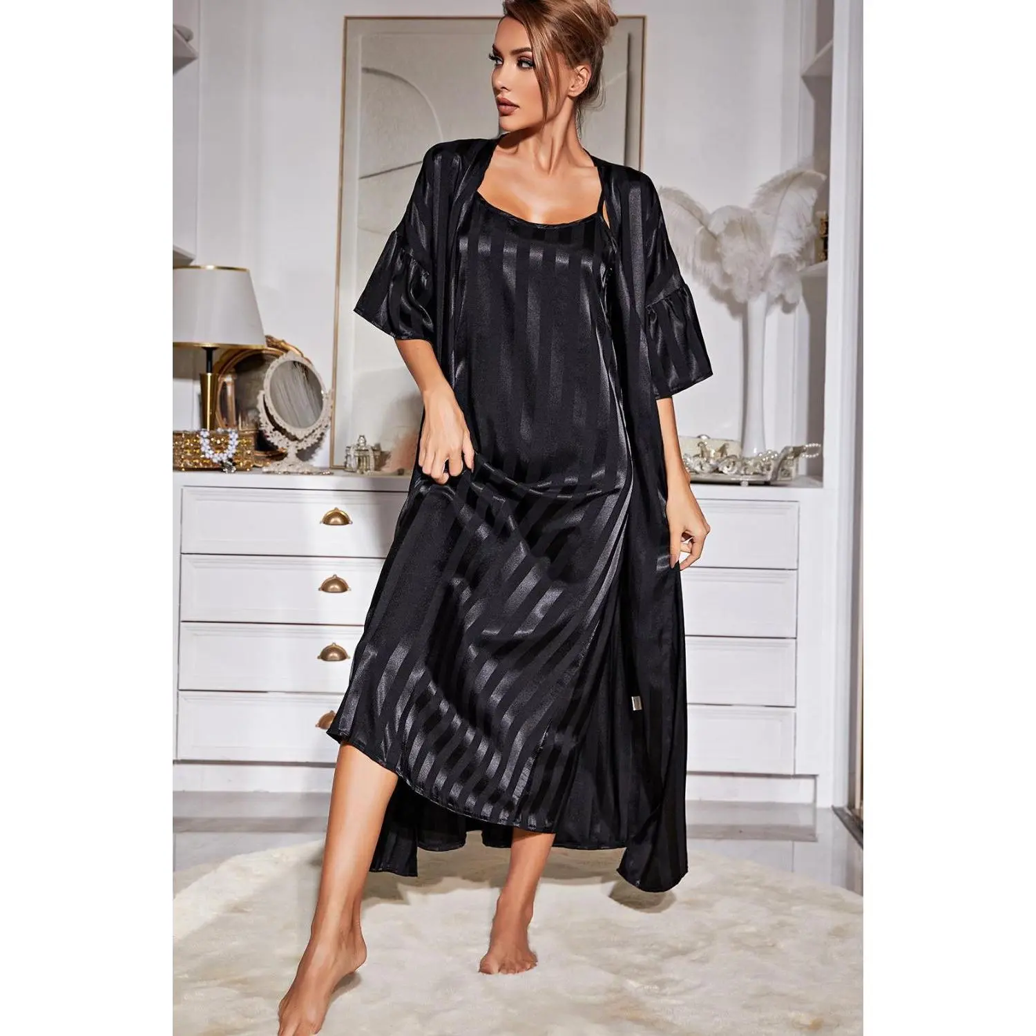 Striped Flounce Sleeve Open Front Robe and Cami Dress Set Minimalist Womenswear