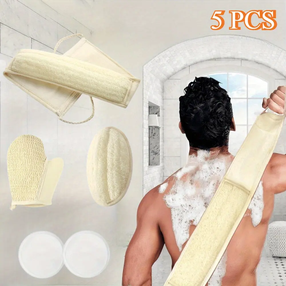 5-Pack Natural Loofah Sponge Set, Exfoliating Bath Accessories for Smoothing and Radiant Skin - Body Scrubber & Exfoliating Gloves for Men and Women, Cleanse, Terry Cloth, Elastic Band, Skin Cleaning, Back