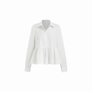 Cider 100% Cotton Collar Ruched Peplum Hem Blouse