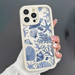 Case for iPhone 17 Pro Max 16 Plus 15 14 13 12 11 Air E Antique White Shell - Clam and Coral Design Drop Protection Shockproof Soft Silicone smartphone Cover