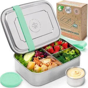 Everusely Stainless Steel Bento Box - 60oz / 1.8L Green Lunch Box with Leakproof Condiment Container - 3 Compartment Snack Organizer for On-the-Go Meals - Freezer & Dishwasher Safe