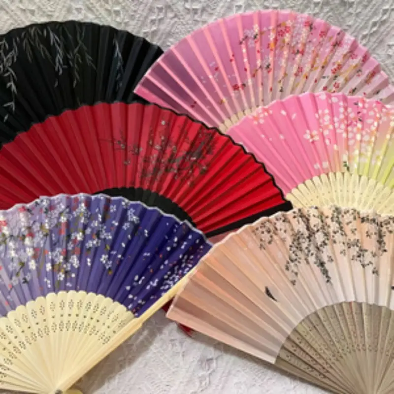 Chinese Silk Folding Fan Wooden Handle Classical Dance Fan High-Quality Tassel Elegant Women's Fan Home Decoration