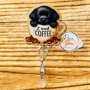 Black Lab I Need Coffee Badge Reel
