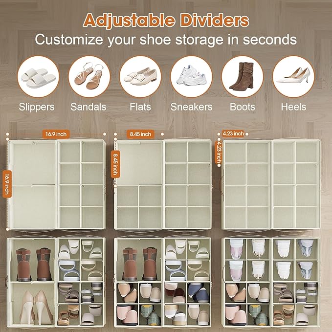 Large Shoe Storage Bin for Closet, Shoe Organizer Box Fits up to 16 Pairs, Collapsible Fabric Shoe Basket w/Clear Cover, Adjustable Dividers & Reinforced Handles