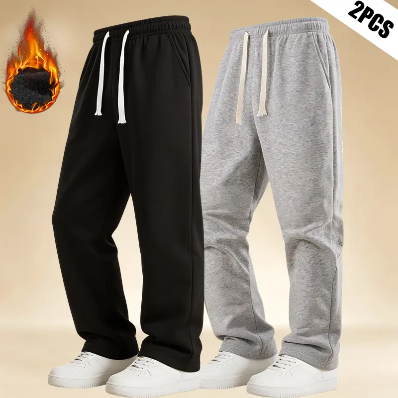 Menswear 2-Pack Elastic Band Adjustable Drawstring Knit Sweatpants - Men’s Solid Plain Casual Street Fleece-Lined Straight-Leg Pants for Autumn/Winter, Everyday Wear, Outdoor Activities, Adjustable Drawstring Men's Pants,sohochic
