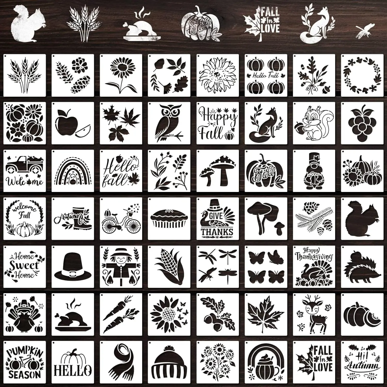 56-Piece Durable Flexible 3x3 in Plastic Washable Fall Crafts Stencils Set - Sunflowers Design, Reusable Templates for Wood DIY, Thanksgiving Text Decorating for Family & Friends’ Kitchenware Bakeware