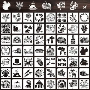 56 Pcs 3x3 Inch Reusable Fall Painting Stencils, Small Crafts Templates for Wood DIY, Thanksgiving Seasonal Texts Decorating Tools