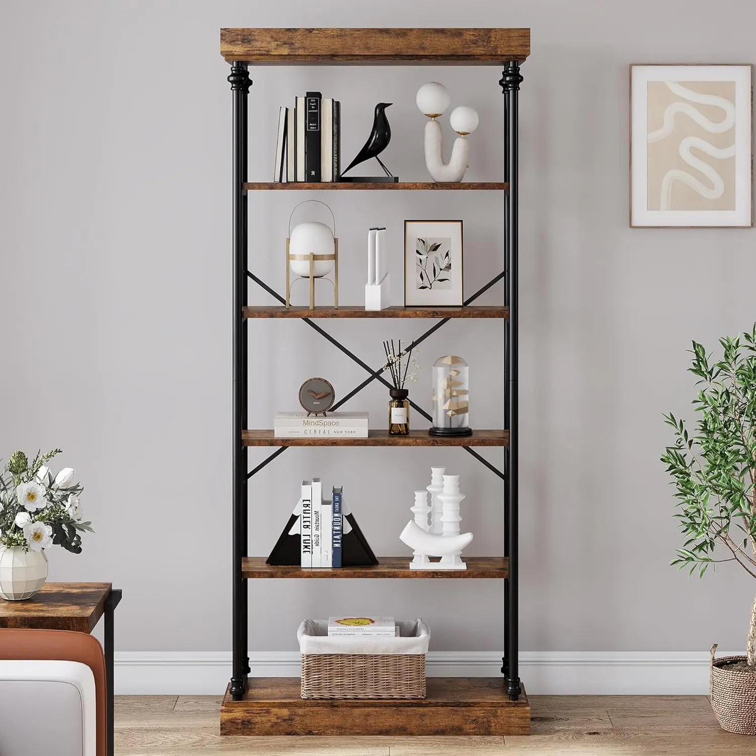 6-Tier Industrial Bookshelf Wood Bookcase with Metal Frame Rustic Tall Grey Display Rack for Bedroom Living Room Home Office, Brown