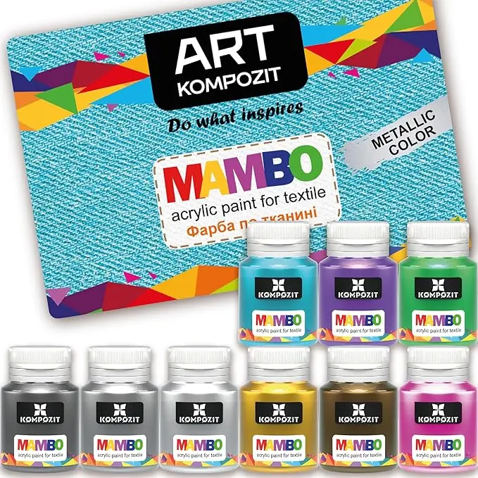 Metallic Acrylic Fabric Paint Set for Clothes Permanent - Colors 9x20 ml (0.68 Fl Oz) - For Leather, T-shirt, Shoe, Upholstery, Furniture - Non-Toxic, Long-Lasting, Waterproof