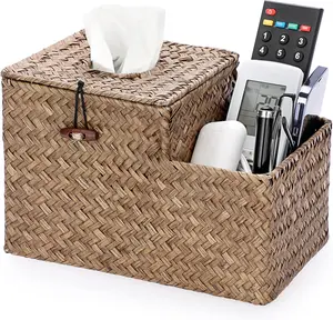 Tissue Box Cover Square Tissue Box Woven Seagrass Tissue Box Holder with Side Organizer, Rustic Tissue Holder for Living Room Bathroom Bedroom Kitchen Office Table Desk, Coffee