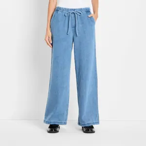 Women's Mid-Rise Wide Leg Denim Drawstring Pull-On Pants - Future Collective