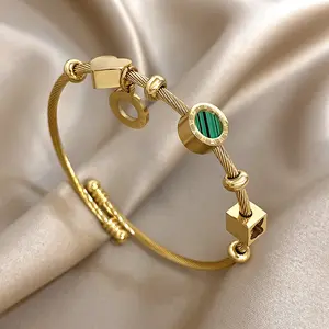 Elegant Gold Twisted Cable Cuff  for Women, Roman Numeral Heart & Butterfly Charm Bangle, Green Stone Jewelry Gift bracelet permanent