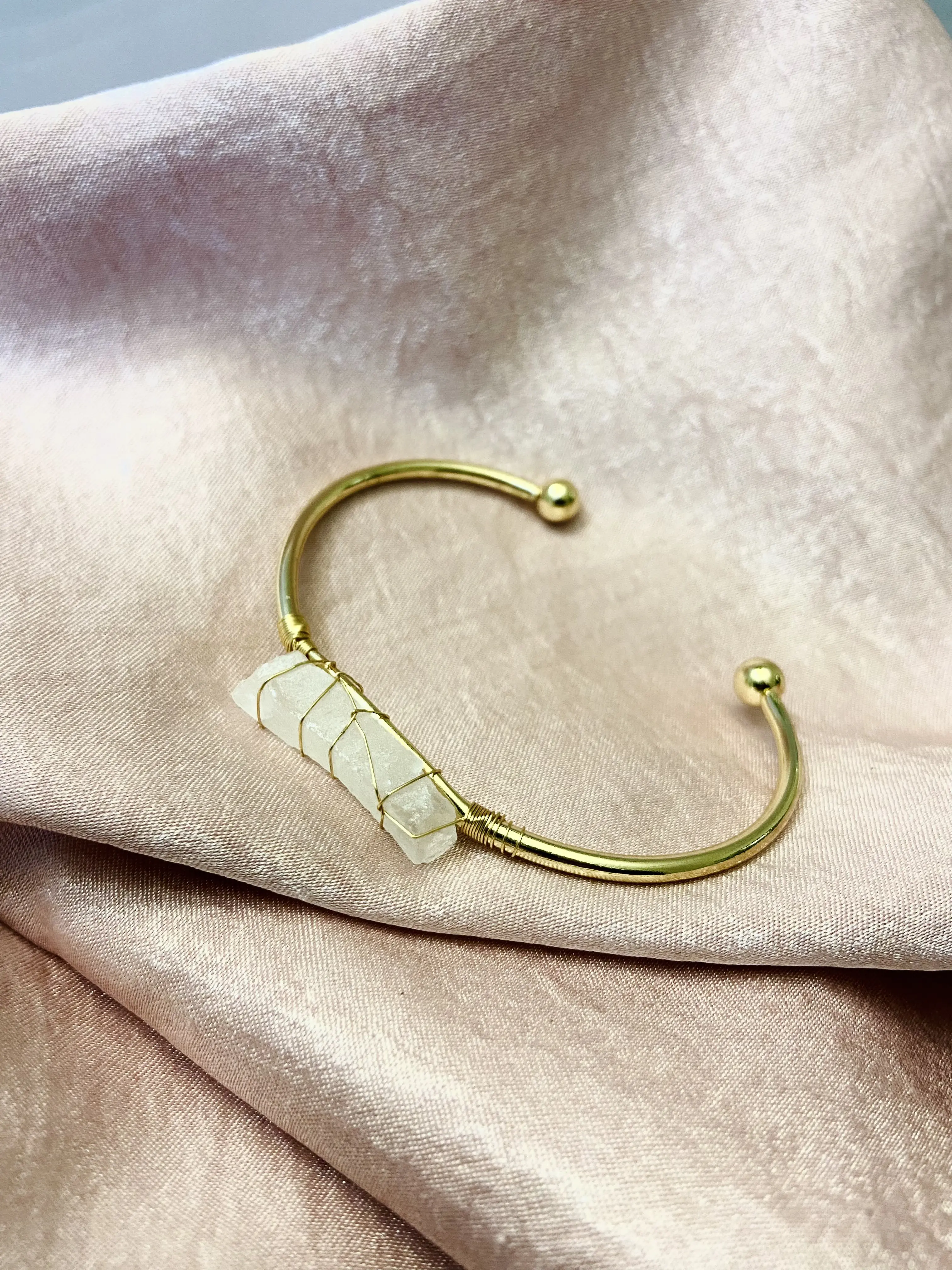 Authentic Rose Quartz + Gold Cuff Bangle Bracelet