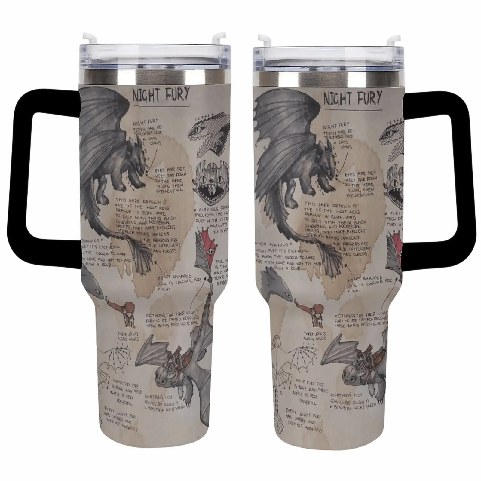 Night Fury Dragon Field Guide Tumbler – Toothless Anatomy Sketch Design 40oz Travel Mug, Dragon Trainer Inspired Insulated Tumbler – Vintage Parchment Style Night Fury Anatomy Cup with Handle