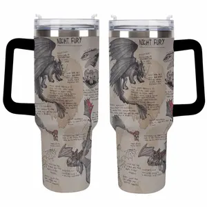 Night Fury Dragon Field Guide Tumbler – Toothless Anatomy Sketch Design 40oz Travel Mug, Dragon Trainer Inspired Insulated Tumbler – Vintage Parchment Style Night Fury Anatomy Cup with Handle