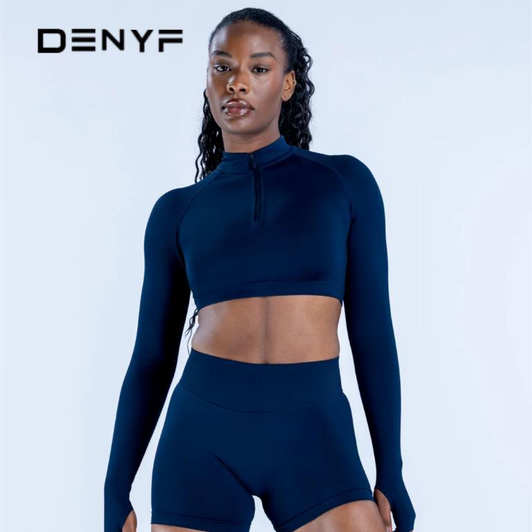 Women's 2 Piece Seamless Workout Set, Half Zip Long Sleeve Crop Top + High Waist Biker Shorts for Yoga Gym Fitness