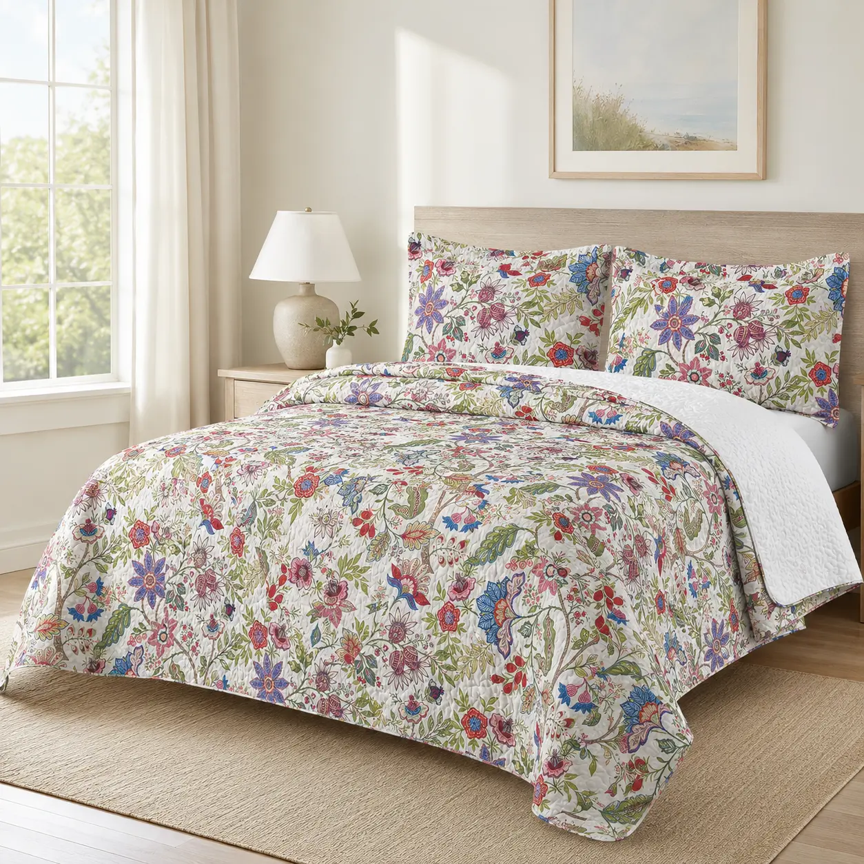 3-Piece Baroque Floral Quilt Set King Size, 104" x 90" Reversible Printed Bedspread with 2 King Pillow Shams, Multicolor Botanical Coverlet for Bedroom Decor