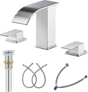 Waterfall Bathroom Faucet 3 Hole, Chrome 8 Inch Widespread Modern 3 count Bathroom Sink Faucet, Touch On Lavatory Faucet for Vanity RV Restroom, Curved Spout