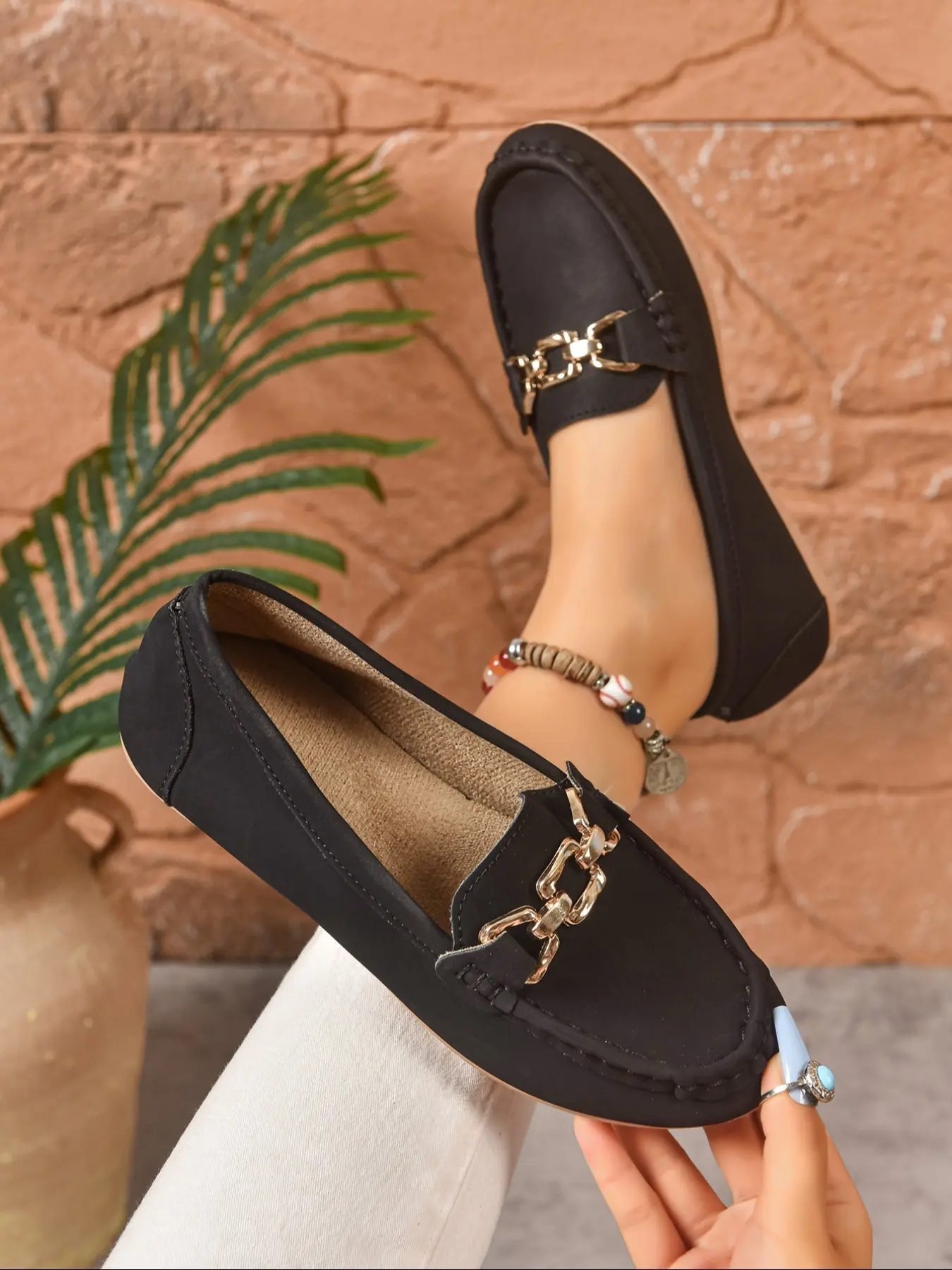 Women's Fashion Comfortable Loafers, Slip on Flats, Slip Ins Shoes, Dual Color Options Low Heel Anti-Slip Rubber Shoes, Wide Fit Commuter Casual, Black, Rubber Soled Shoes