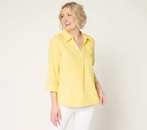 Denim & Co. Soft Linen Blend Print or Solid Collared Shirt