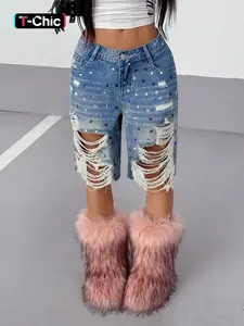 Women's Sexy Stretch Comfortable Ripped Denim Shorts, Casual Fashionable Shorts, Trendy Fashion Unique Heavy Embellished Design, Casual Slim Fit Jeans Womenswear