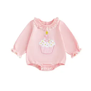 Infant Baby Girl First Birthday Outfit Ruffle Long Sleeve Romper Bodysuit 1 Cake Embroidery Cake Smash Clothes Cupcake Doll Neck