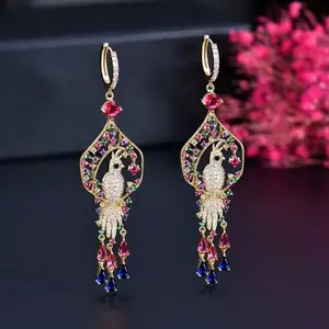 Gloriya Noble Full Pave CZ Big Peacock with Long Water Drop Tassel Dangle Earrings for Women Vintage Multicolor Jewelry