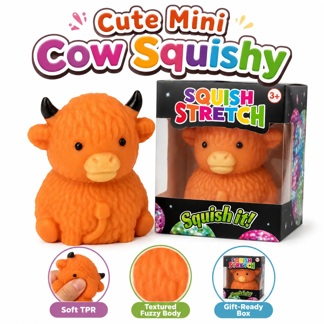 Highland Cow Squish Toy | Textured Shaggy Coat Squeeze Toy with Horns, Random Color, Ages 3 and Up