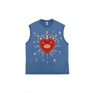 Sacred Heart Evil Eye Swords Tarot Graphic Washed Sleeveless Tank Top | Mystical Occult Boho Muscle Shirt for Men & Women