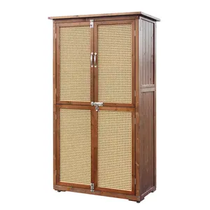 Beneouya Lockable Outdoor Storage Shed with Rattan, Wooden Garden Shed with 2 Removable Shelves for Backyard, Patio