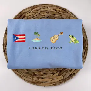 Puerto Rico Embroidery Sweatshirt, Flag, Coquí, Guitar, Island, Palm Tree, Ocean, Latin Salsa Music