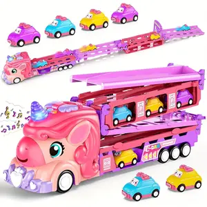 Unicorn Transport Truck Toy with Extendable Tracks, Foldable Storage, Lights and Music Effects, Includes 6 Mini Cars, Wheel