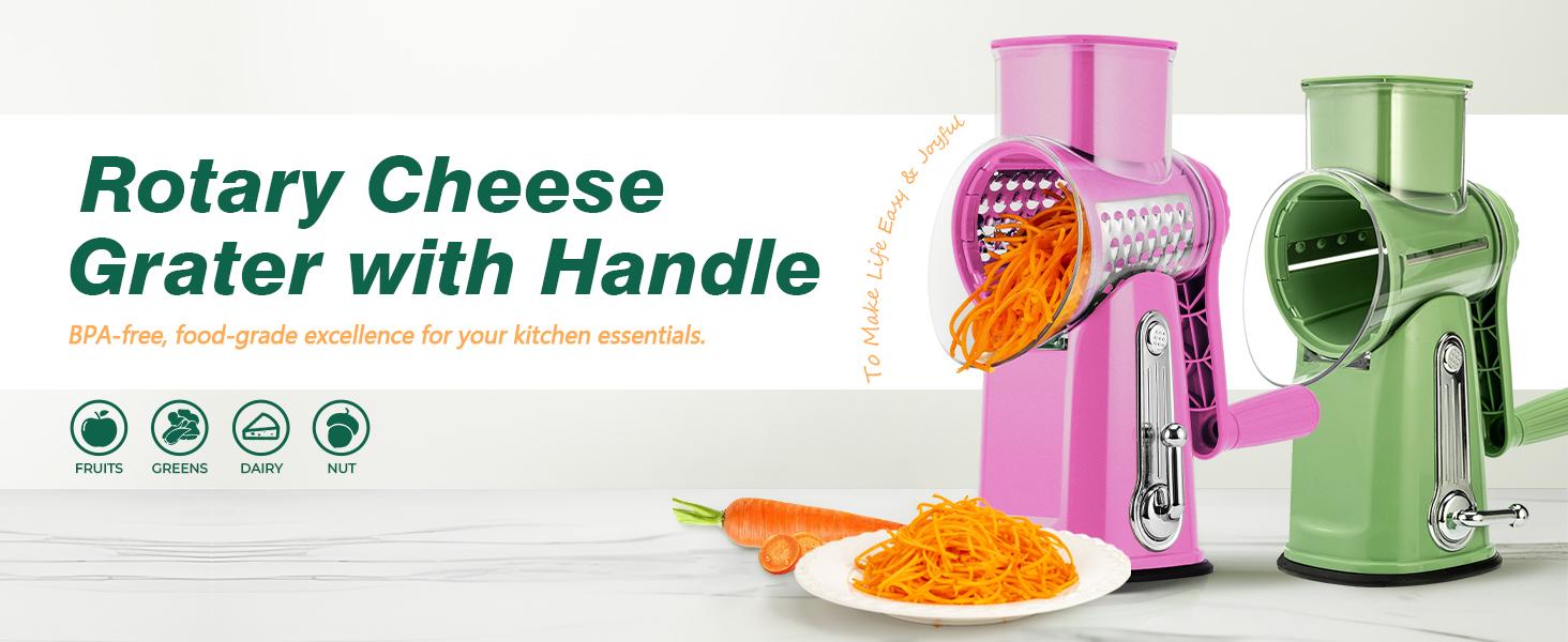 SUSTEAS Rotating Food Grater Chopper with Handle, with 5 Well-Designed Blades and Strong Suction Cup Base, Comes with 1 Blade Storage Box Vegetable Cutting Slicer Vegetable Slicer Dicer Kitchen Utensils Vegetable Fruit Cutter