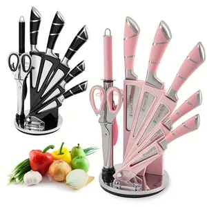 9pcs Kitchen Knives Set with Acrylic Block, Professional Chef, Bread, Cleaver, Paring, Utility Knife And Scissors Sharpener Peeler High Carbon Stainless Steel Ultra Sharp Non-stick Multifunctional Cooking Knife Tool Set for Vegetable, Meat & Fruit