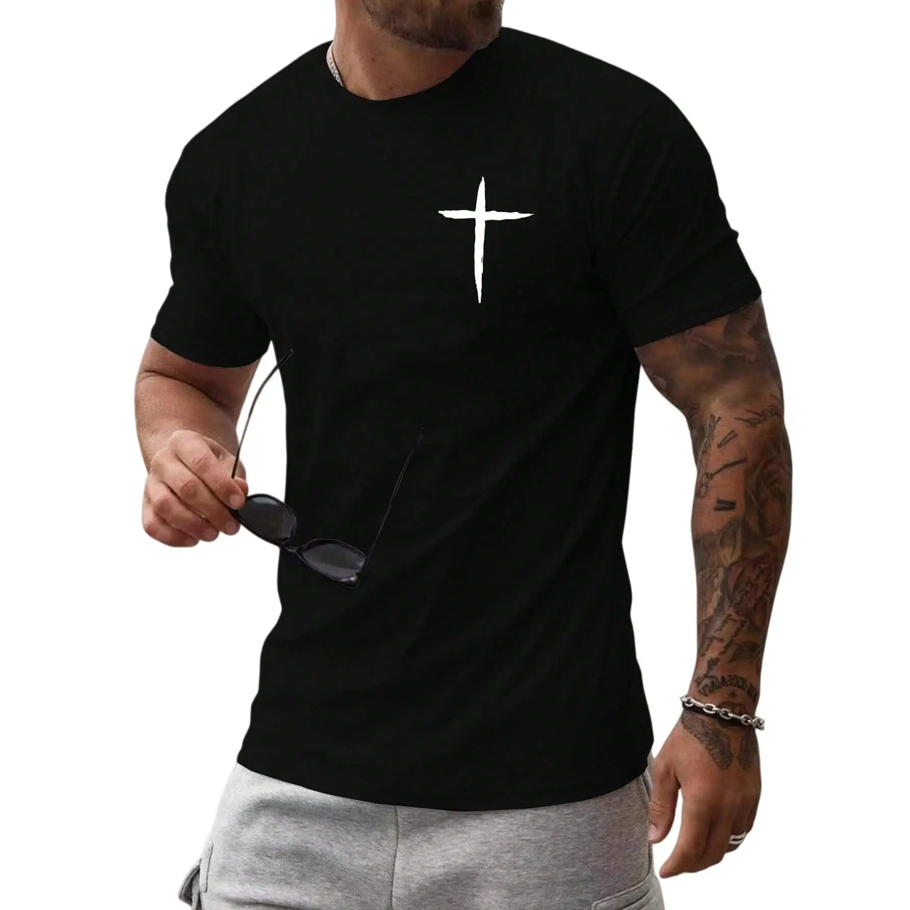 Men's Classic Cross T-Shirt, Minimalist Inspirational Graphic Tee in Breathable Cotton, Short Sleeve Casual Top, Tshirt, Shortsleeve