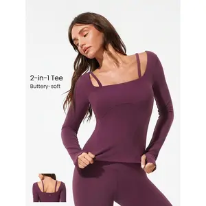 GLOWMODE FeatherFit™ Layer Player Mock Contrasting Straps Hip Length Waist-Cinching Long-Sleeve Top Low-Impact Yoga Pilates Barre Gym Studio Daily Casual Wear