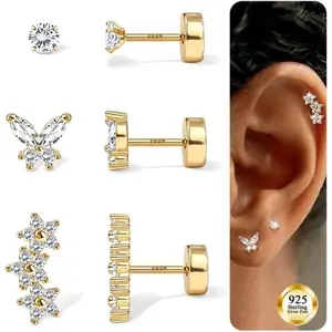MILACOLATO S925 Sterling Silver Flat Back Earrings for Women Hypoallergenic - 14K Plated Gold Flatback Stud Earrings Cartilage Helix Tragus Conch Piercing Jewelry 3 Pairs Dainty CZ Butterfly Studs