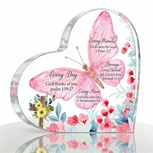 Butterfly & Flower Pattern Acrylic Heart Shaped Ornament with Bible Verses Inspirational Desktop Decoration for Home School Office Dormitory