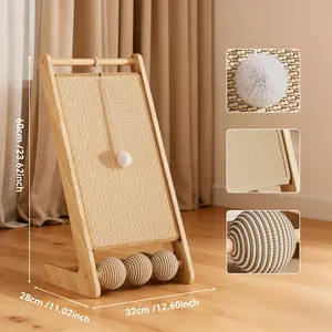 Vertical Sisal Cat Scratching Board - Durable Wooden Cat Claw Pad with Ball, Scratch-Resistant Cat Toy Mat & Furniture-Style Scratch Post, Natural Sisal Scratcher for Indoor Cats