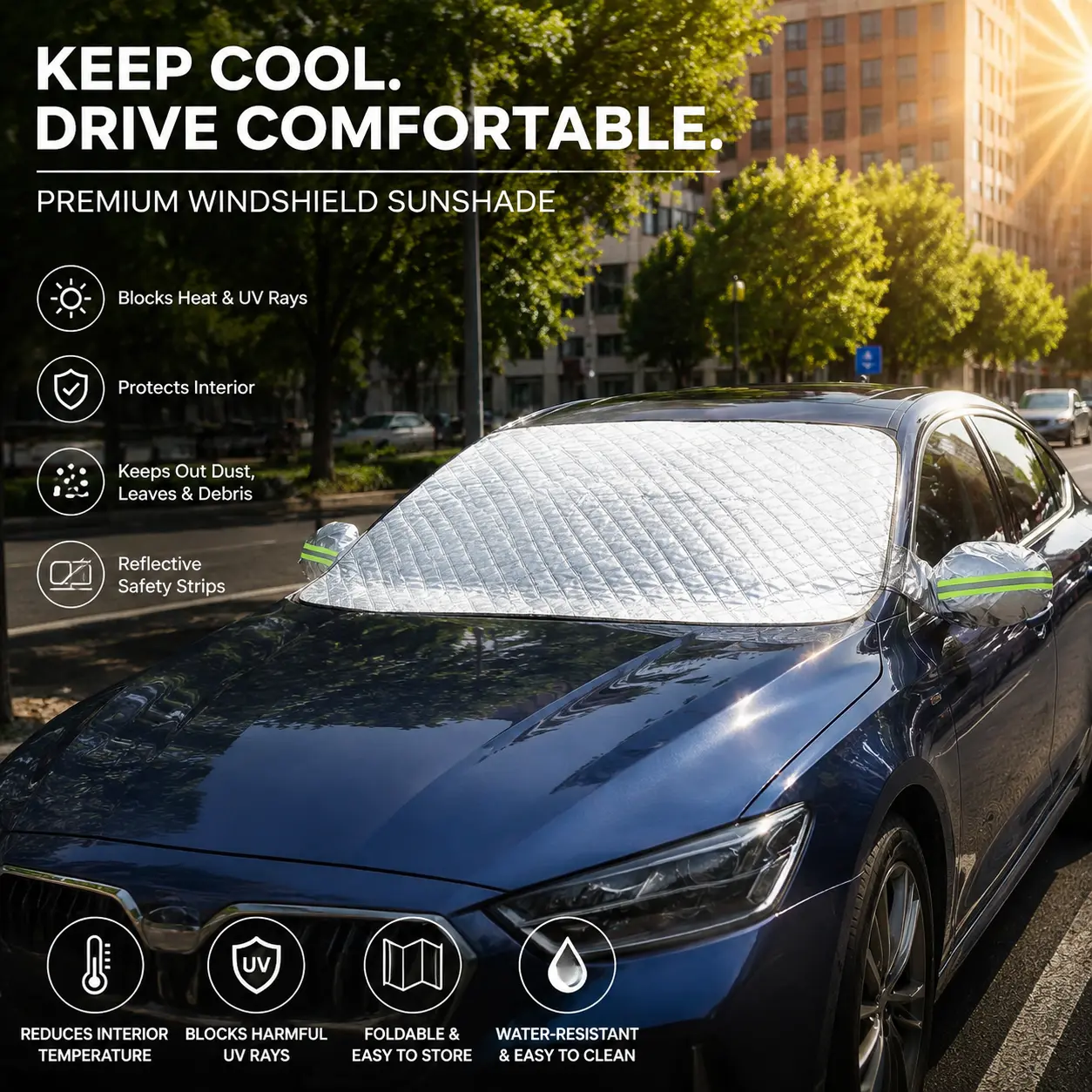 57-in x 44-in Large Portable Foldable Cotton Car Windshield Sun Shade - Durable, Weatherproof, Easy Setup, Dual-Use All-Seasons Automotive Exterior Accessory, Front Windshield Cover, Collapsible Window Sun Visor, Outside Car Window Cover