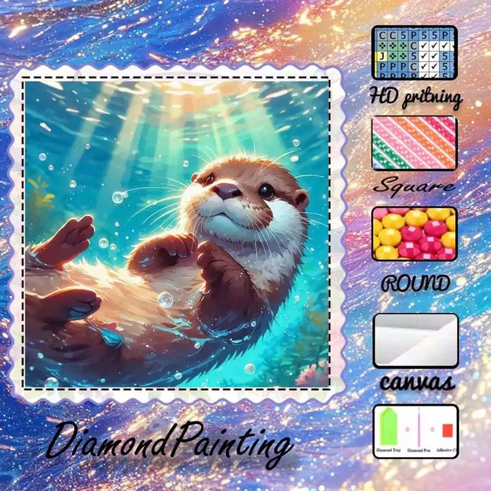 DIY 5D Flocking Diamond Painting Kit, AB Drill, Fairy Dust Drill, Crystal Drill, Sea Otter, Animals, Swimming, Bubbles, Diamond Embroidery, Special Craft Diamond Art Kit, Wall Decoration, Gift for Family, Loved Ones, Friends, DIY Diamond Arts