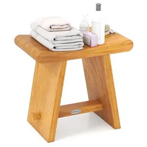 COSTWAY - 19.5 Inch Teak Shower Bench with Curved Seat for Shaving Legs