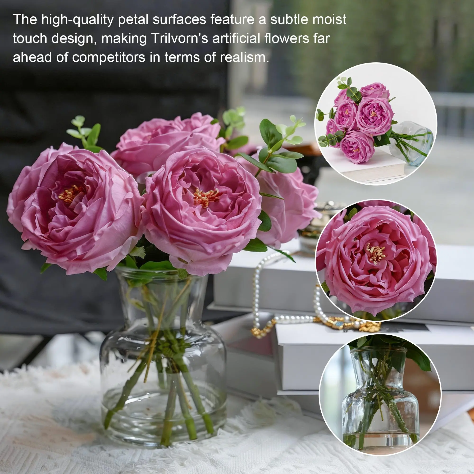 Trilvorn Faux Purple Peony Rose Flowers in Vase, Artificial Flowers in Glass Vase with Faux Water, Real Touch Silk Floral Arrangement Centerpiece Table Decorations for Dining Table Coffee Table Home Decor