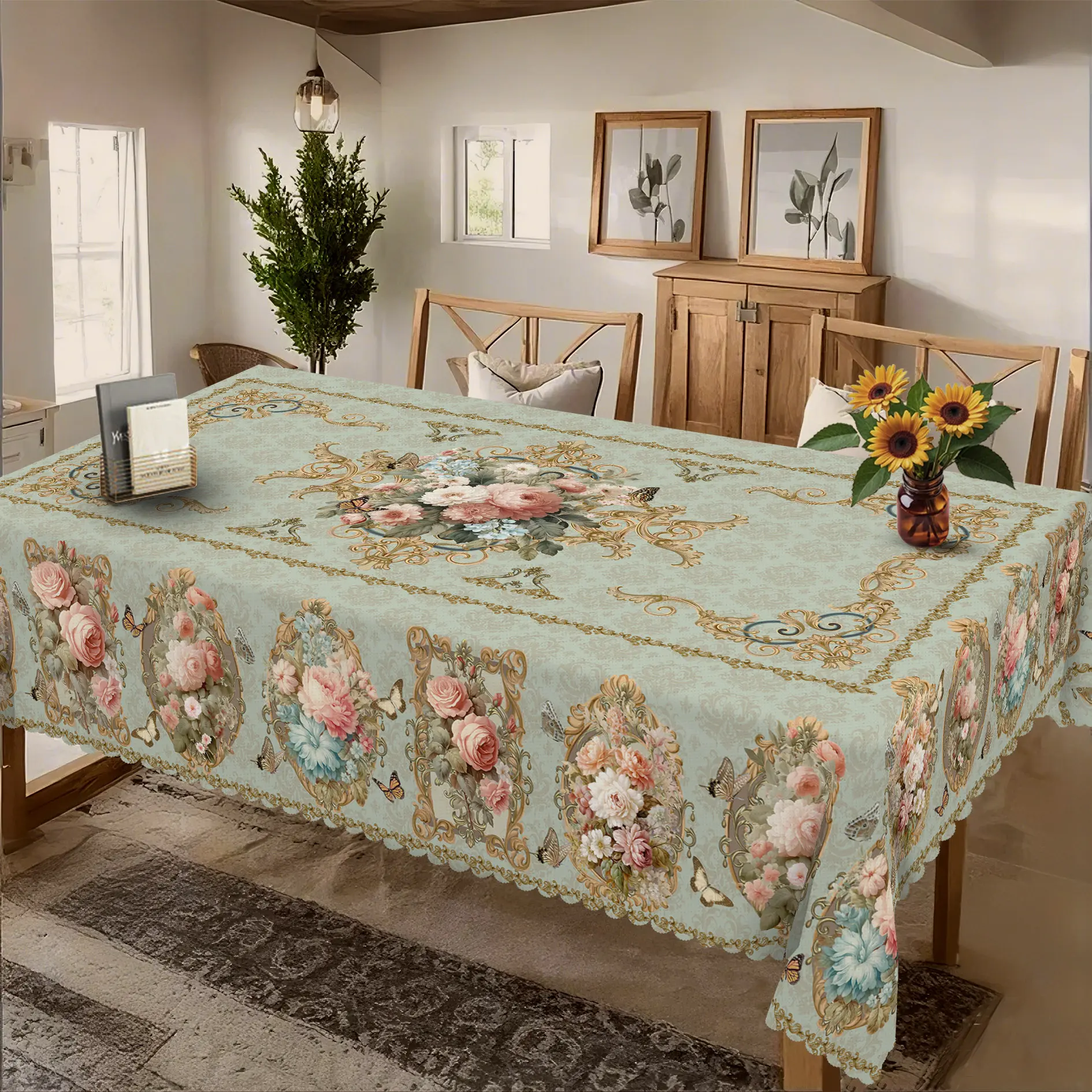 Floral Tablecloth, French Floral Victorian Butterfly Design, Perfect for Spring And Summer Decor, Spring Gifts, Ideal for Indoor Outdoor/Easter Party And Home Decor, Floral Decor, French Decor, Modern Green Style Decor, Round/Rectangular Tablecloth
