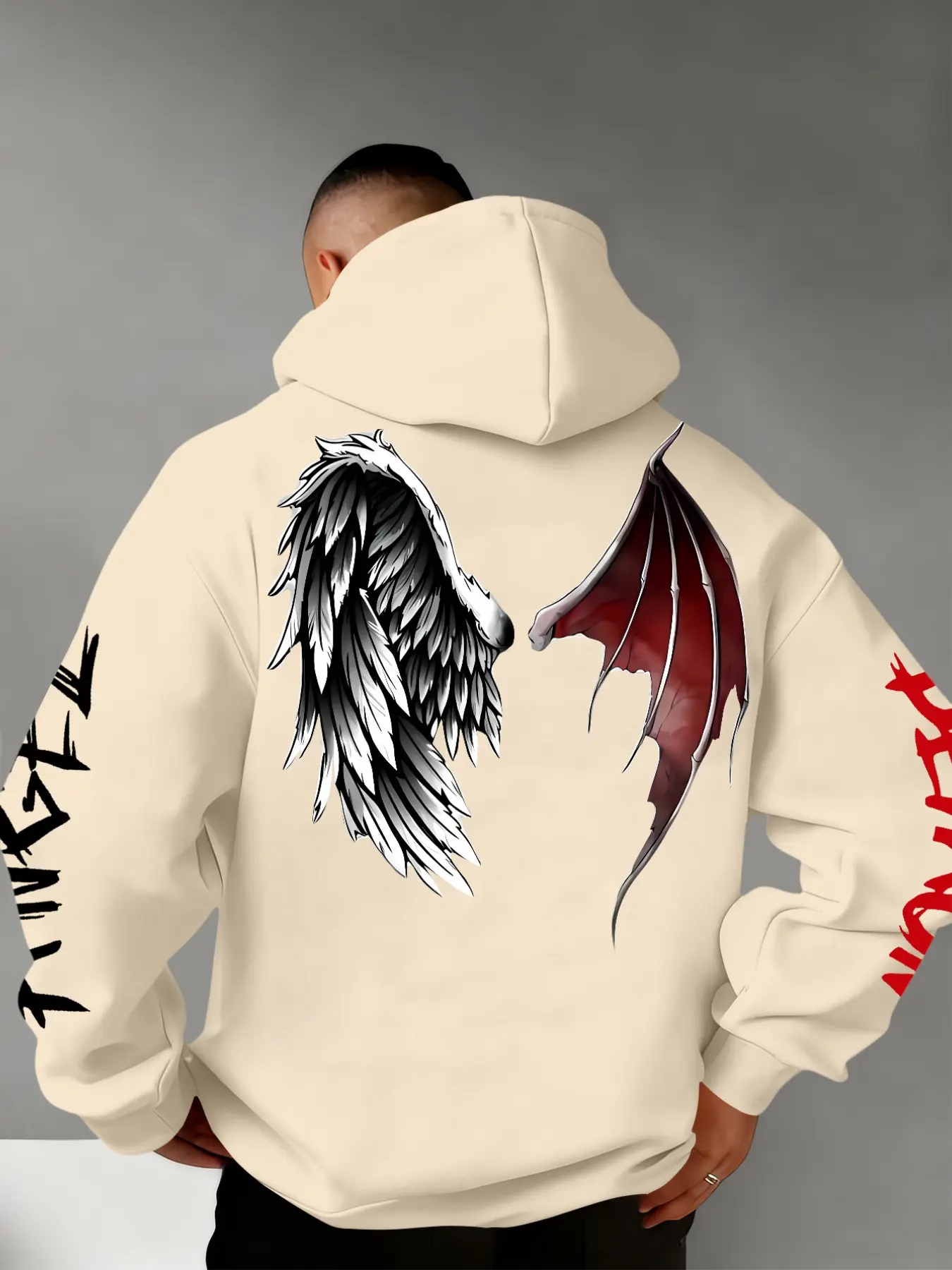 トップス HUG YOUR SKIN Angel wing pom-pom hooded Men's Fall Winter Demon Angel Wing Print Hoodie, Drawstring Hood +