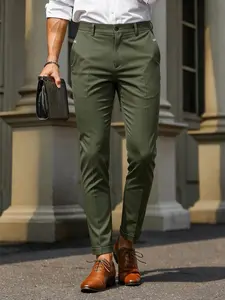 Men's Casual Suit Pants, Plain, Button Waist Side Decoration Lines, Simple Yet Elegant, Daily Commute Style, Fitted Design, All Seasons Wear