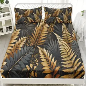 2/3pcs Golden Leaf Pattern Background Series Fitted Sheet Set, Suitable For Bedrooms, Hotels, Dormitories And Other Places, Machine Washable (1 Fitted Sheet + 1/2 Pillowcase, No Core)