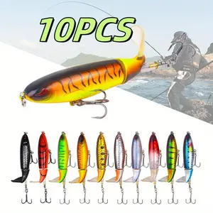 10Pcs Whopper Fishing Lure for Bass Popper Top Water Fishing Lures with Floating Rotating Tail Barb Treble Hooks in Saltwater Freshwater Plopping Lures Kit