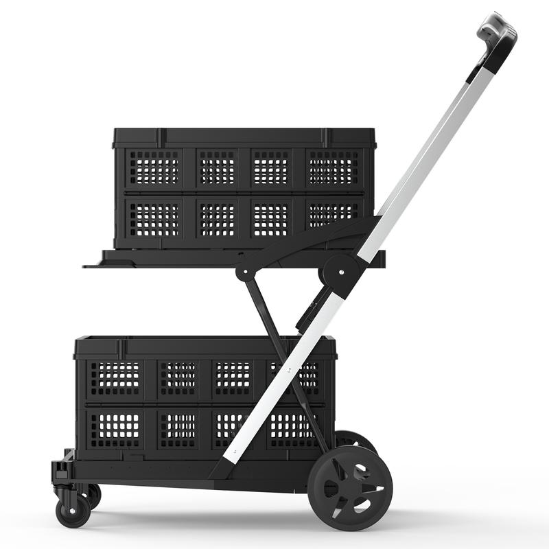 TOOLIOM Heavy-Duty Collapsible Utility Cart, 198Lbs Capacity Folding Trolley with 2 Removable Baskets, Adjustable Aluminum Frame & Quiet Rubber Wheels for Grocery Shopping, Office, Camping and Home