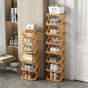 [Space-Saving Shoe Rack] Expandable 6/8-Tier Bamboo Shoe Rack | Folding, Multi-Layer Narrow Space Saving Storage Organizer for Various Room Types, No-Installation Required